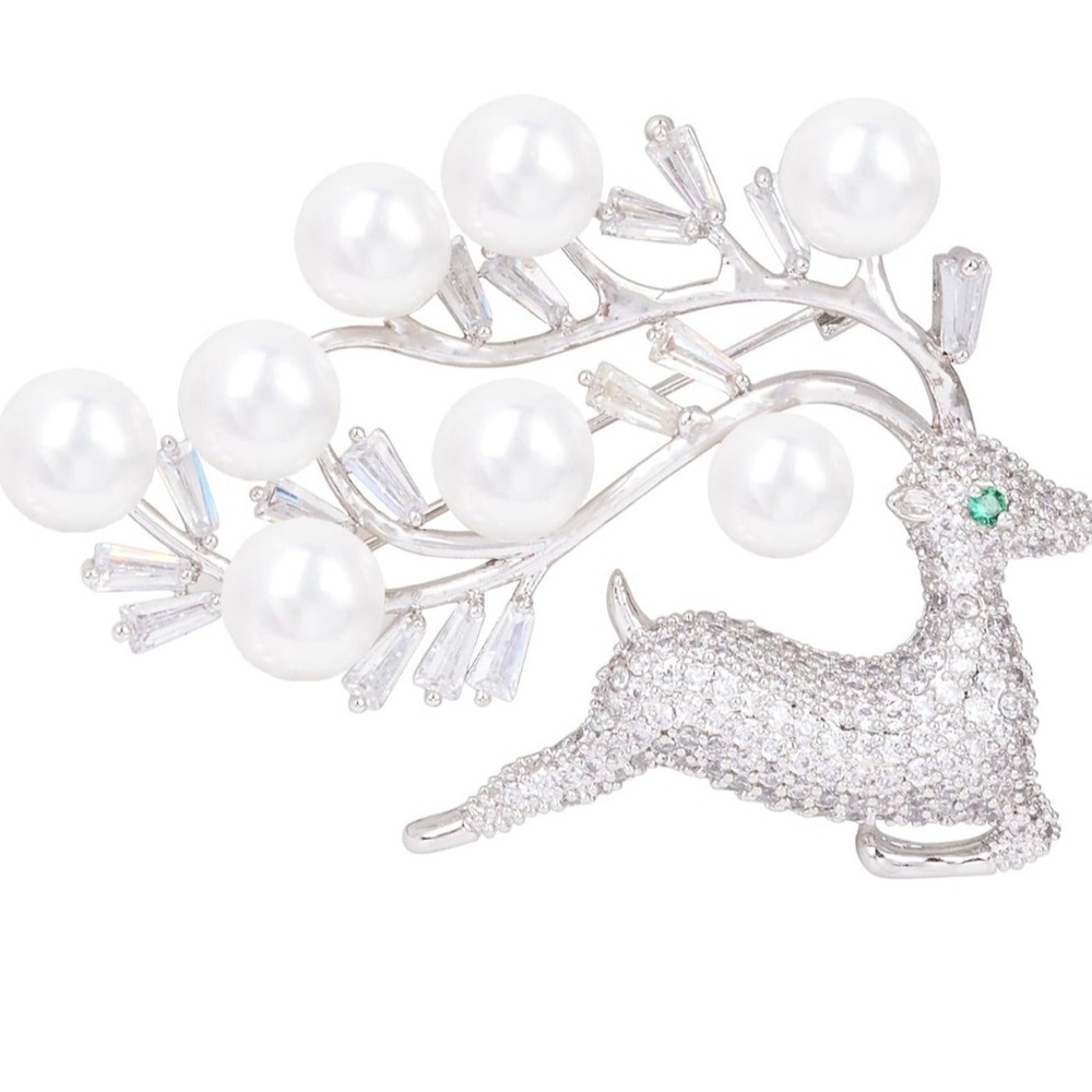 Silver Tone Full Pave Cubic Zirconia Pearl Reindeer Brooch Pin